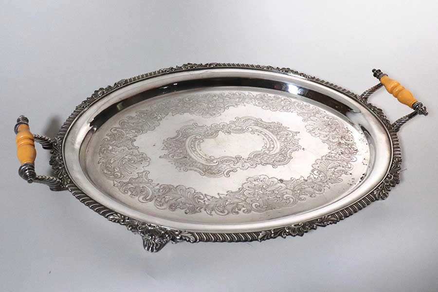 2407 Vintage Silver on Copper Footed Serving Tray With Celluloid Handles.jpg