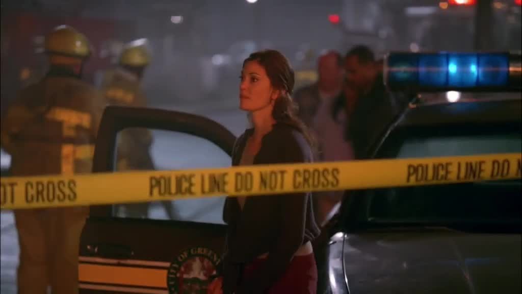 SUSAN goes to lean against a police car hood, watching the burning house, arms folded.jpg