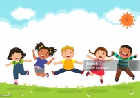 2407 Happy kids jumping together during a sunny day