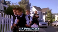 S01E01 The 3 boys jostle each other as they walk on the sidewalk in front of the carriage, bickering rowdily with each other