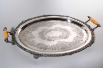 2407 Vintage Silver on Copper Footed Serving Tray With Celluloid Handles